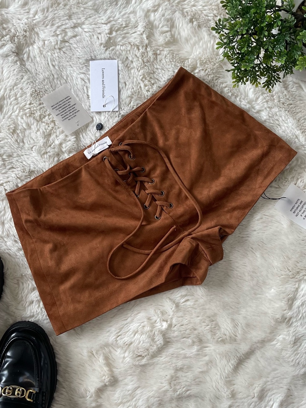 Lovers + Friends Faux Suede High Waist Lace Up Shorts Cognac Brown Women's Size